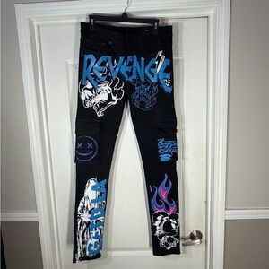GFTD Revenge  Black and Blue Graphic Slim Straight Jeans Mens 32